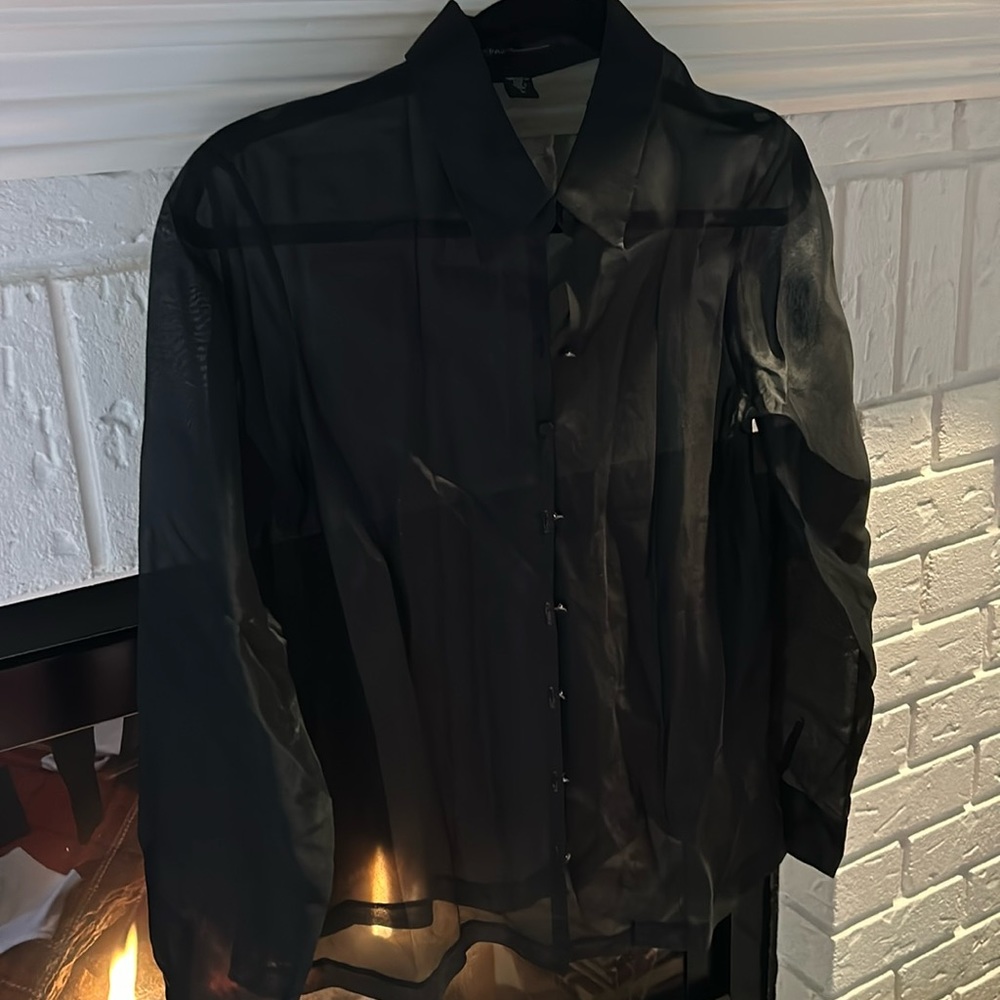 Gorgeous black sheer button down blouse from ISDA. Perfect for holiday , L